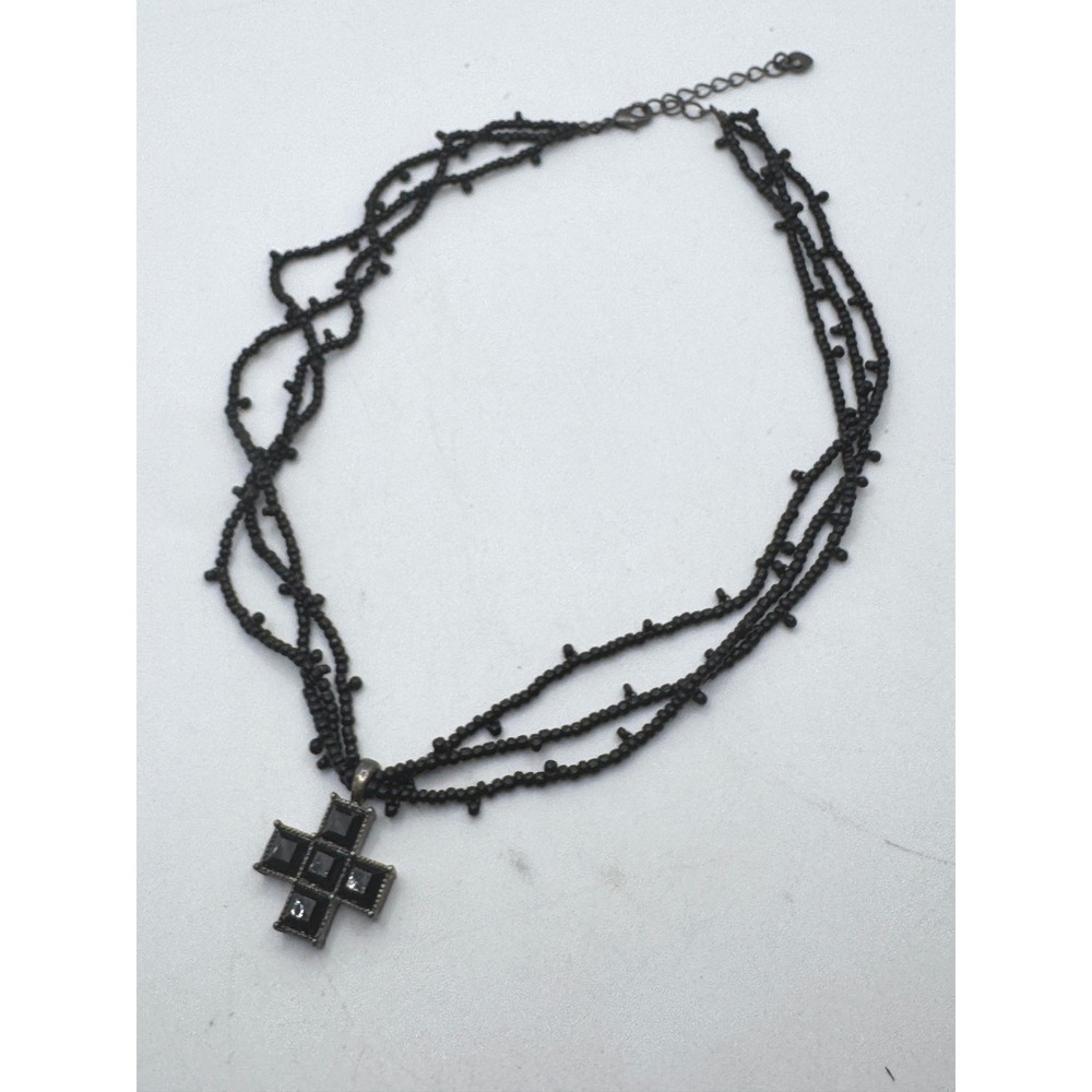 Black Multi Strand Seed Bead Cross Pendant Necklace Gothic Gunmetal